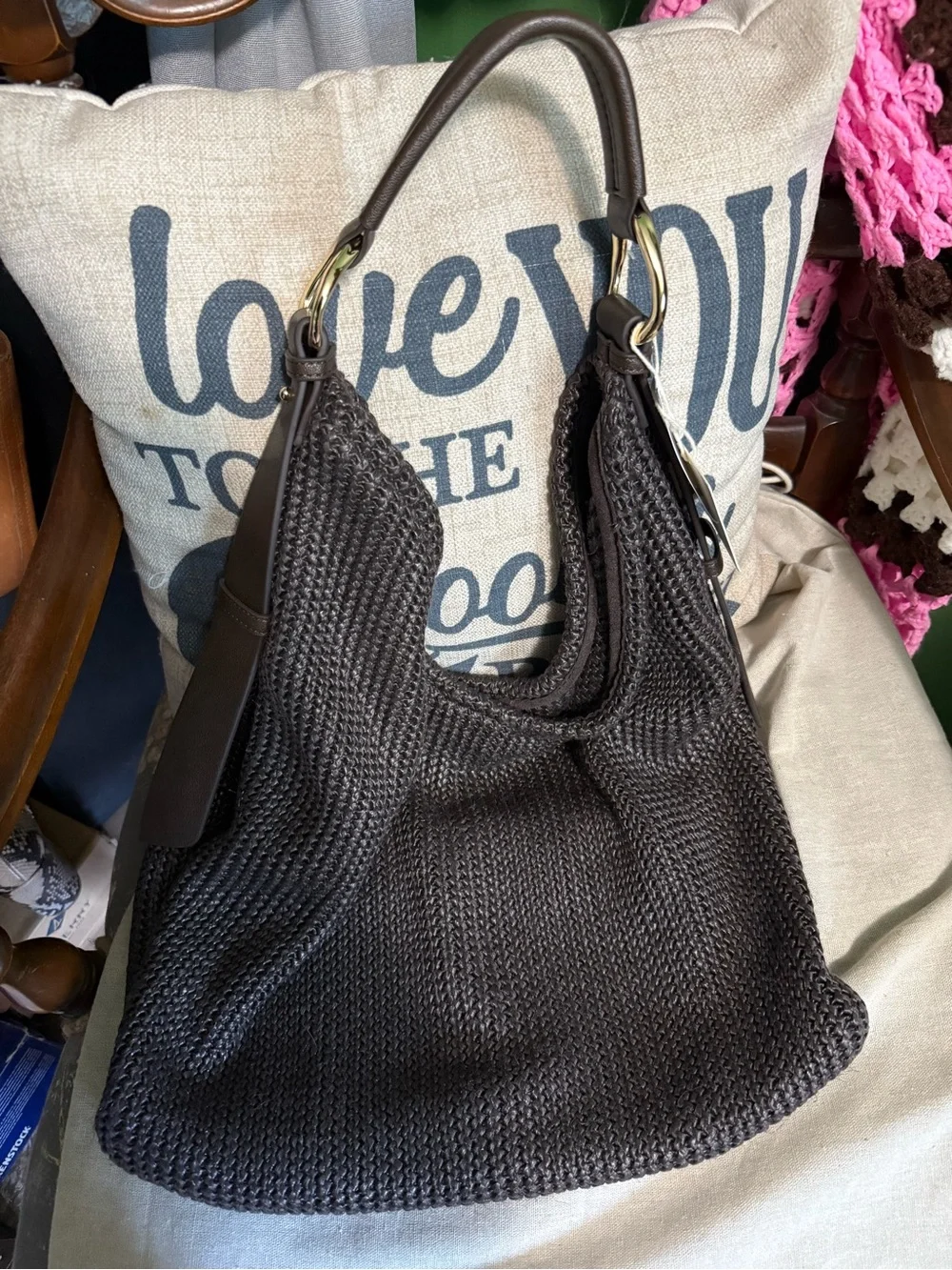 Dolce Vita raffia Woven Hobo Bag in Dark Brown with Gold Hardware